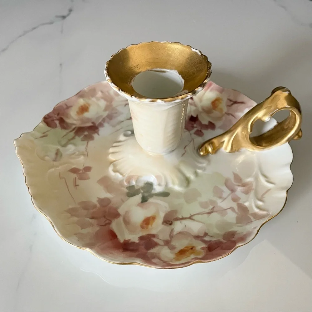 Floral & Gold Candle Holder with Handle - J.P. Limoges